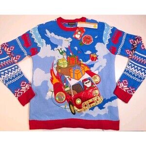 New Christmas Ugly Sweater Men Women Large Knit Blue Santa Claus Van Light Up